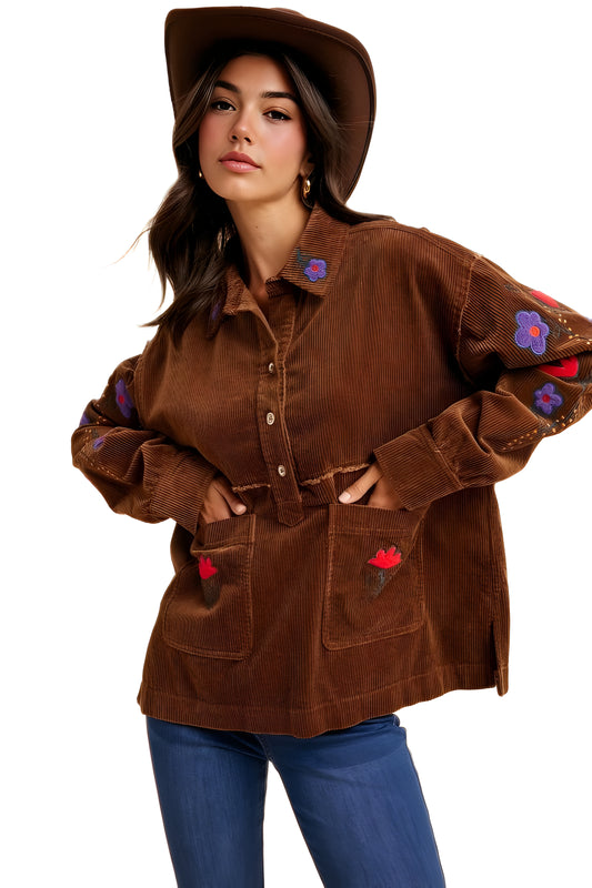 Brown Embroidered Floral Corduroy Button-Up Jacket