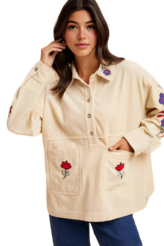 Embroidered Floral Corduroy Button-Up Jacket