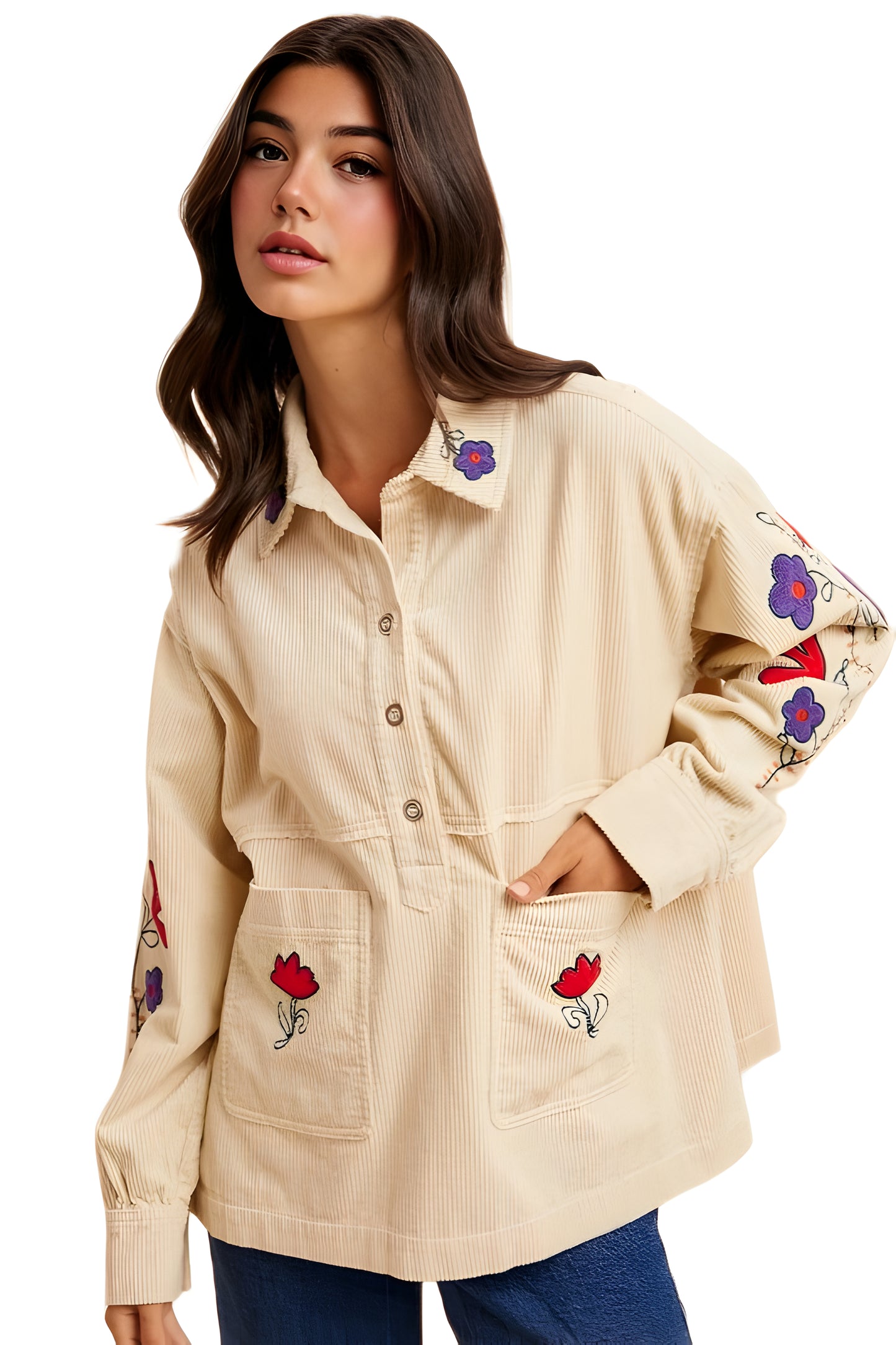 Embroidered Floral Corduroy Button-Up Jacket