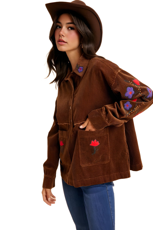 Brown Embroidered Floral Corduroy Button-Up Jacket