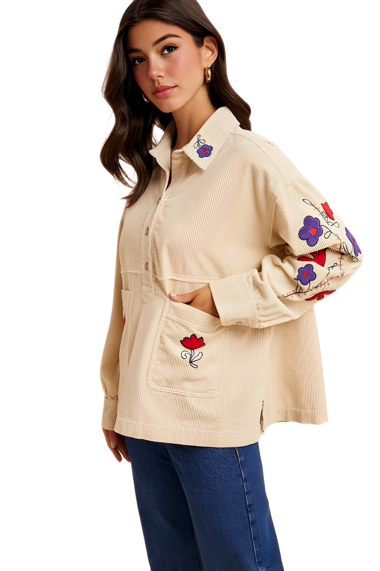 Embroidered Floral Corduroy Button-Up Jacket