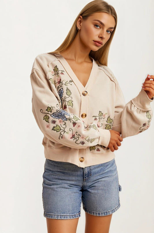 Embroidered Floral Button Front Cardigan with Delicate Detailing