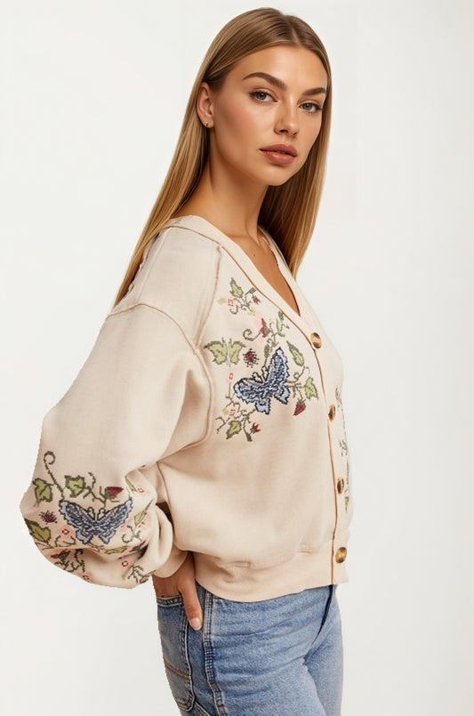 Embroidered Floral Button Front Cardigan with Delicate Detailing