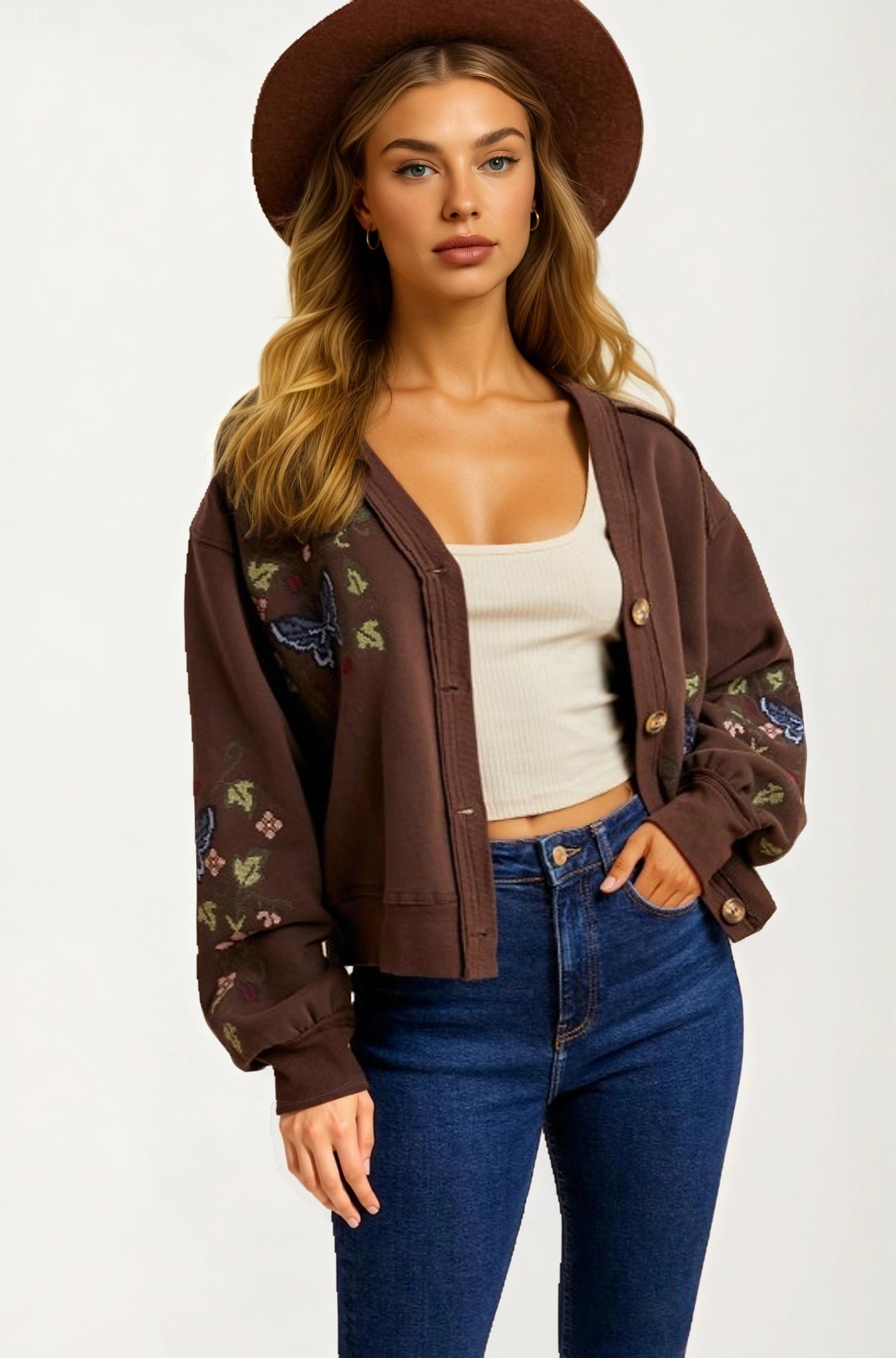 Embroidered Floral Button Front Cardigan with Delicate Detailing
