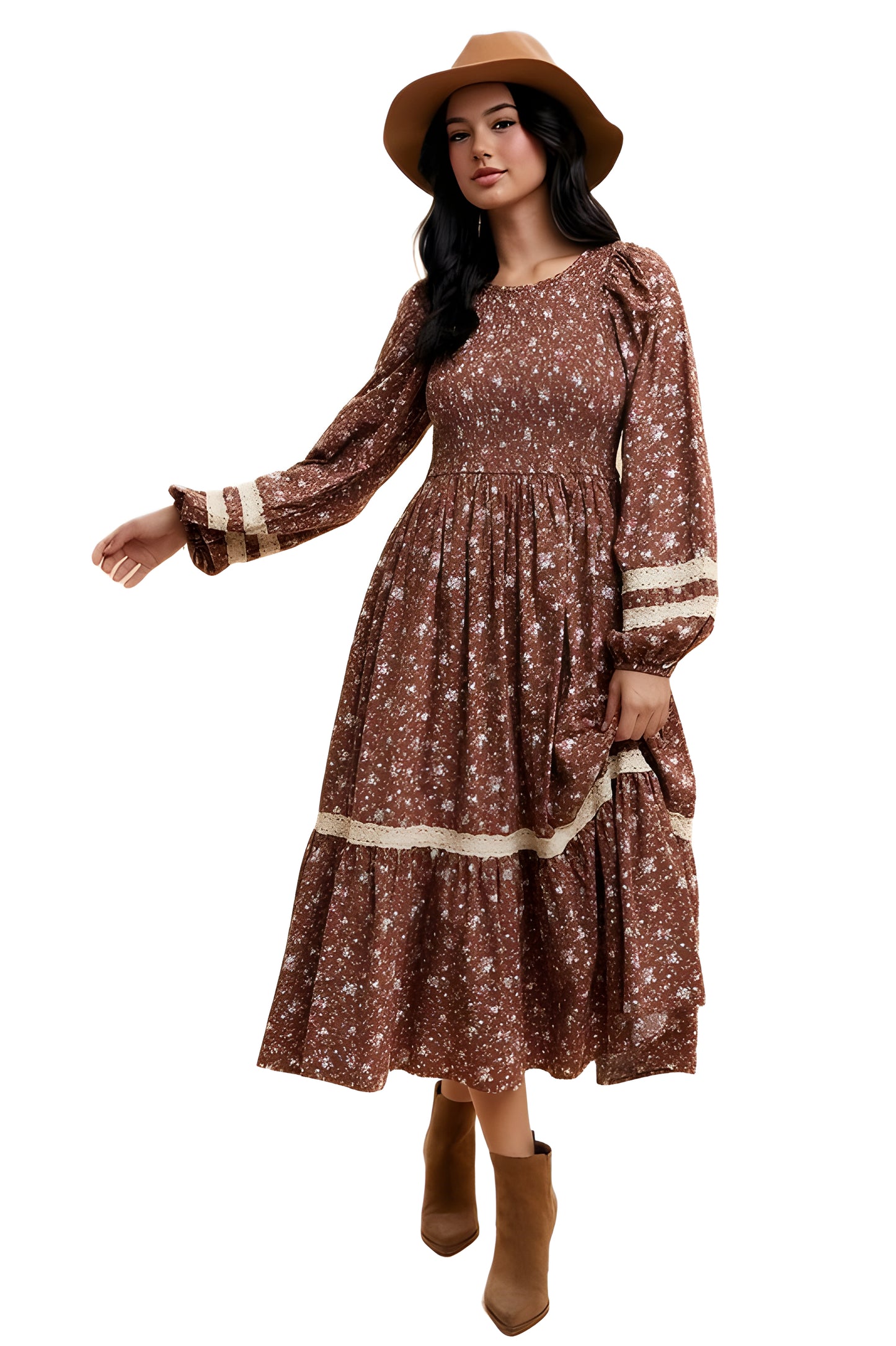 Floral Smocked Long Sleeve Midi Dress With Lace Trim
