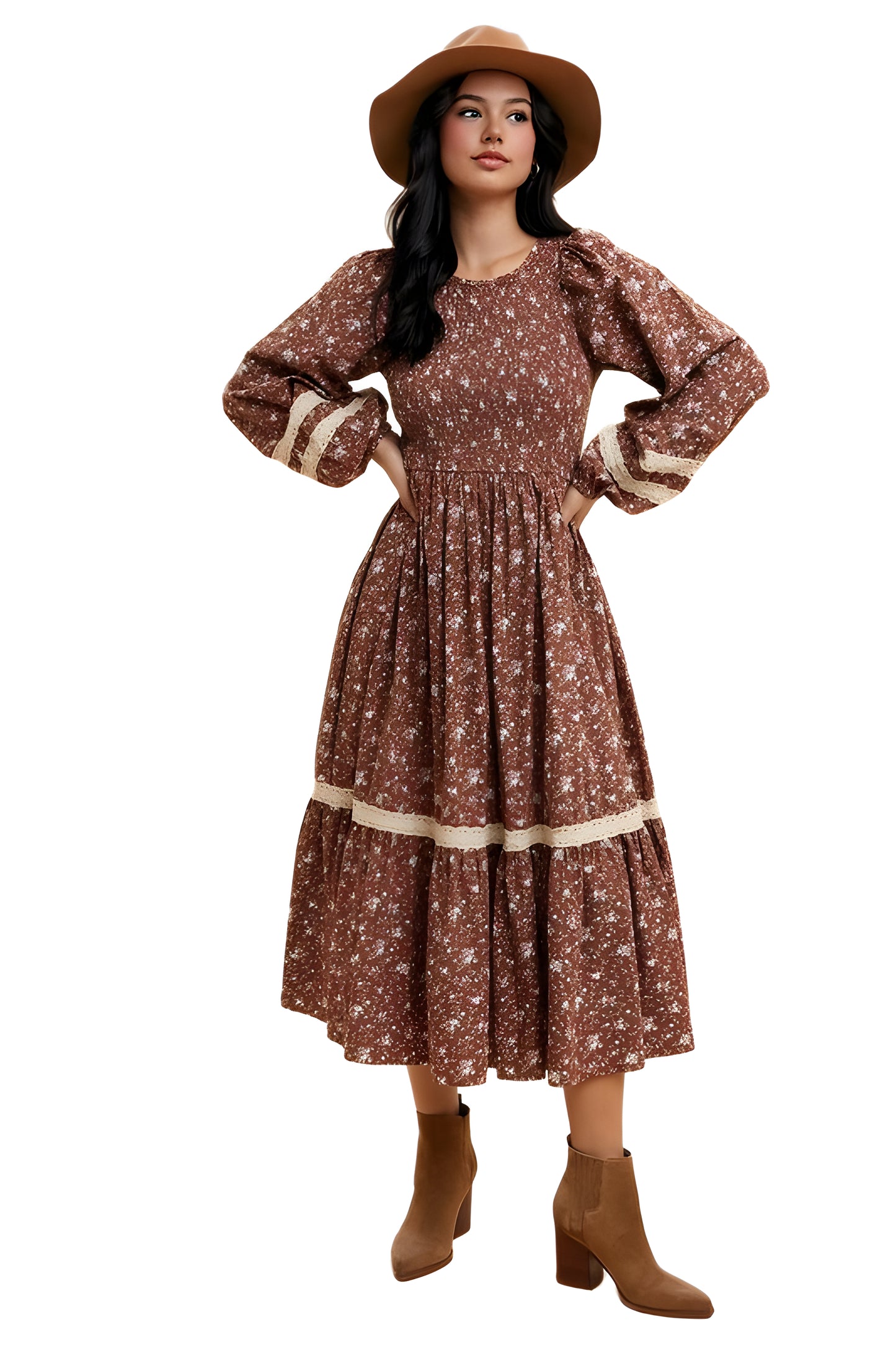 Floral Smocked Long Sleeve Midi Dress With Lace Trim