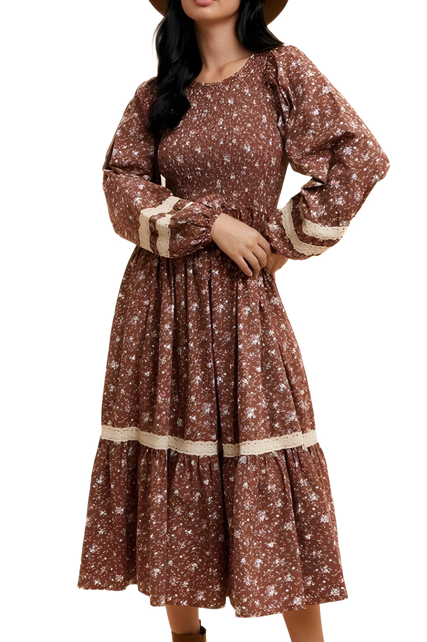 Floral Smocked Long Sleeve Midi Dress With Lace Trim