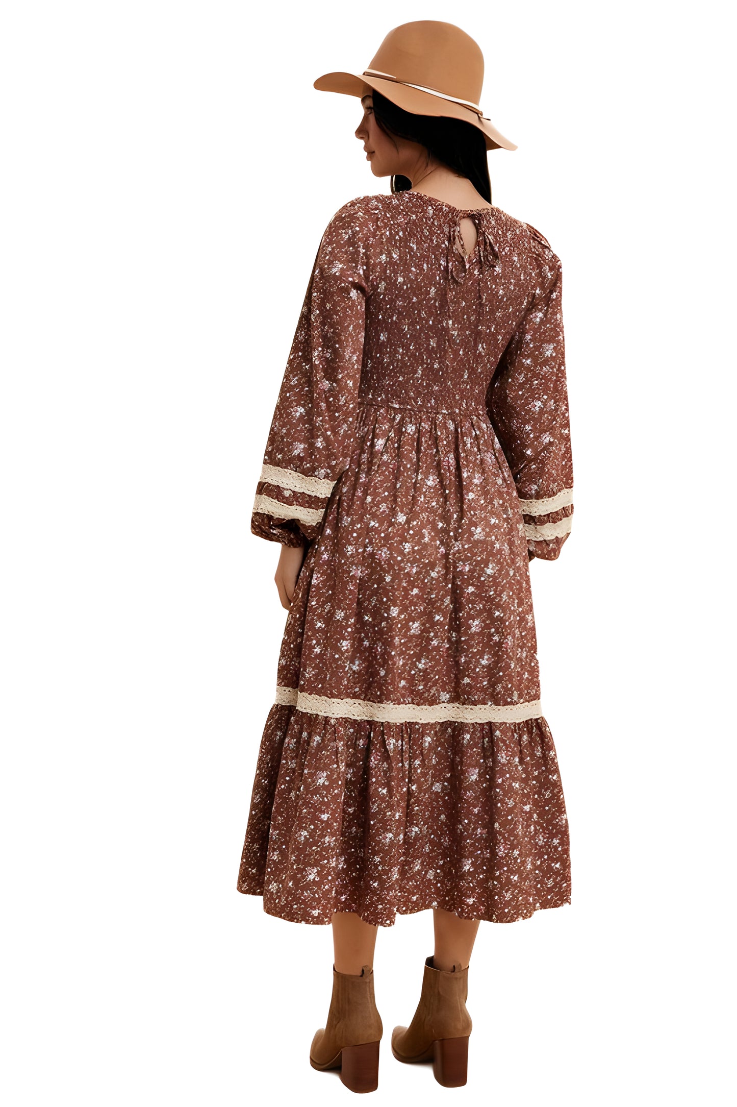 Floral Smocked Long Sleeve Midi Dress With Lace Trim
