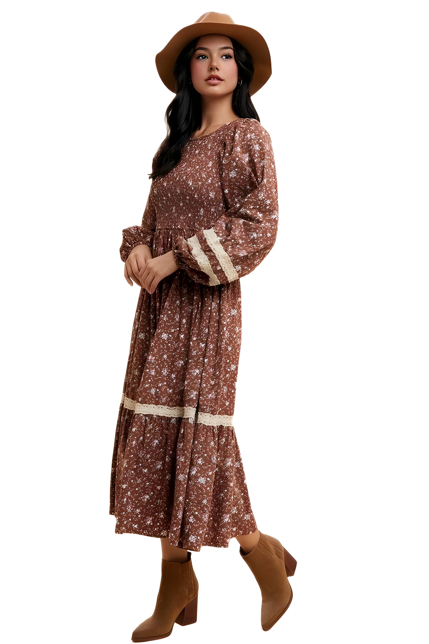 Floral Smocked Long Sleeve Midi Dress With Lace Trim
