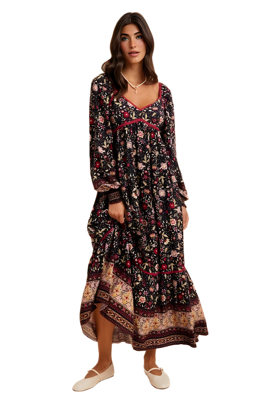 Boho Tiered Floral Print Long Sleeve Midi Dress with Lace Trim