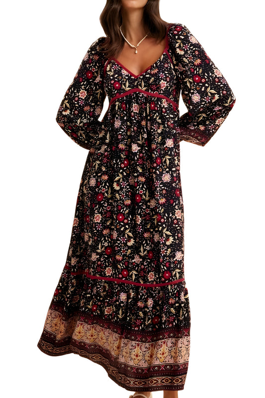 Boho Tiered Floral Print Long Sleeve Midi Dress with Lace Trim