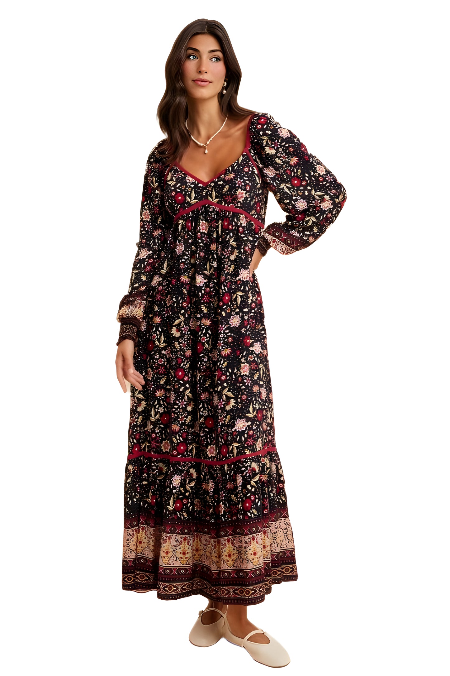 Boho Tiered Floral Print Long Sleeve Midi Dress with Lace Trim