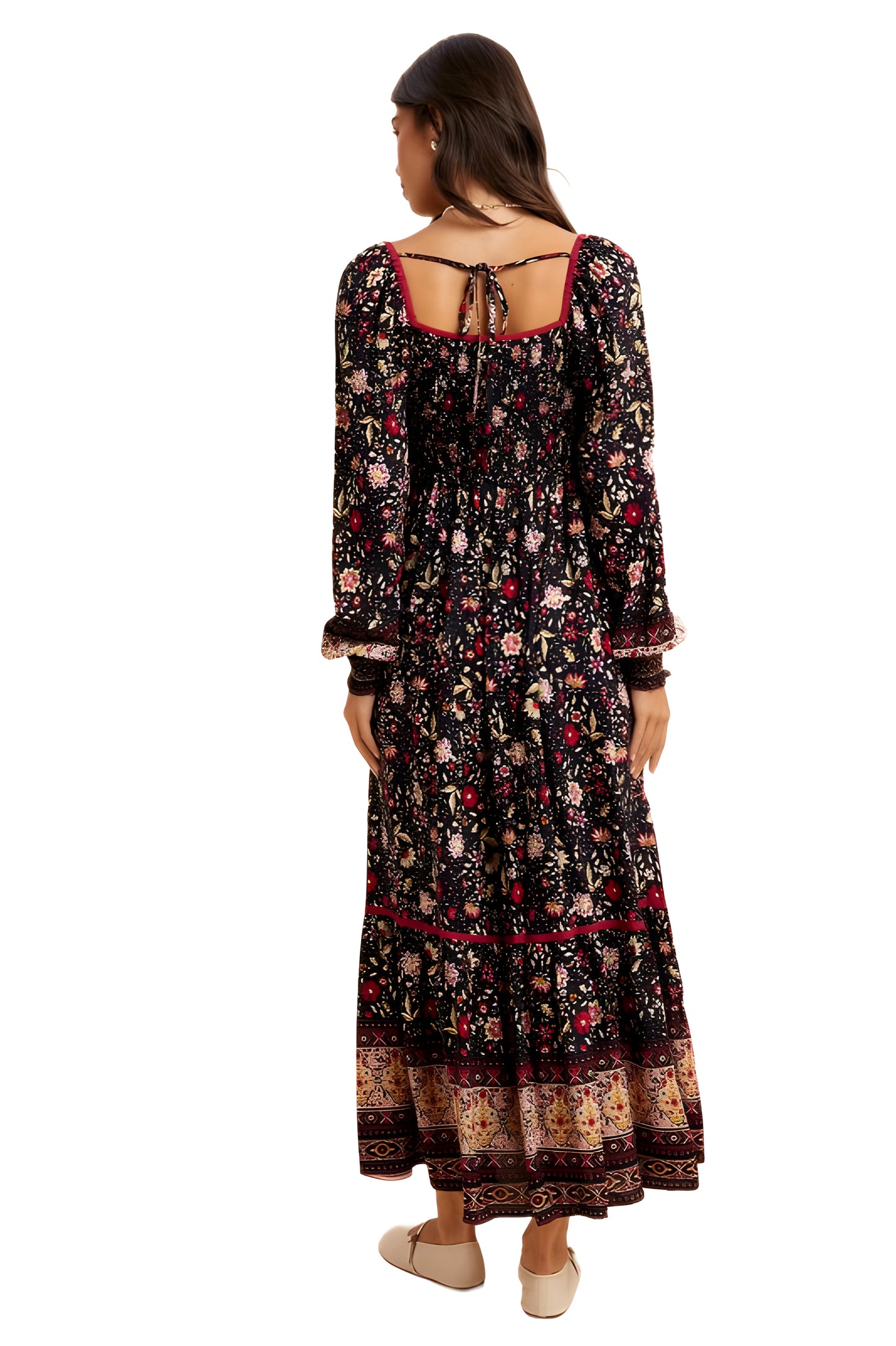 Boho Tiered Floral Print Long Sleeve Midi Dress with Lace Trim