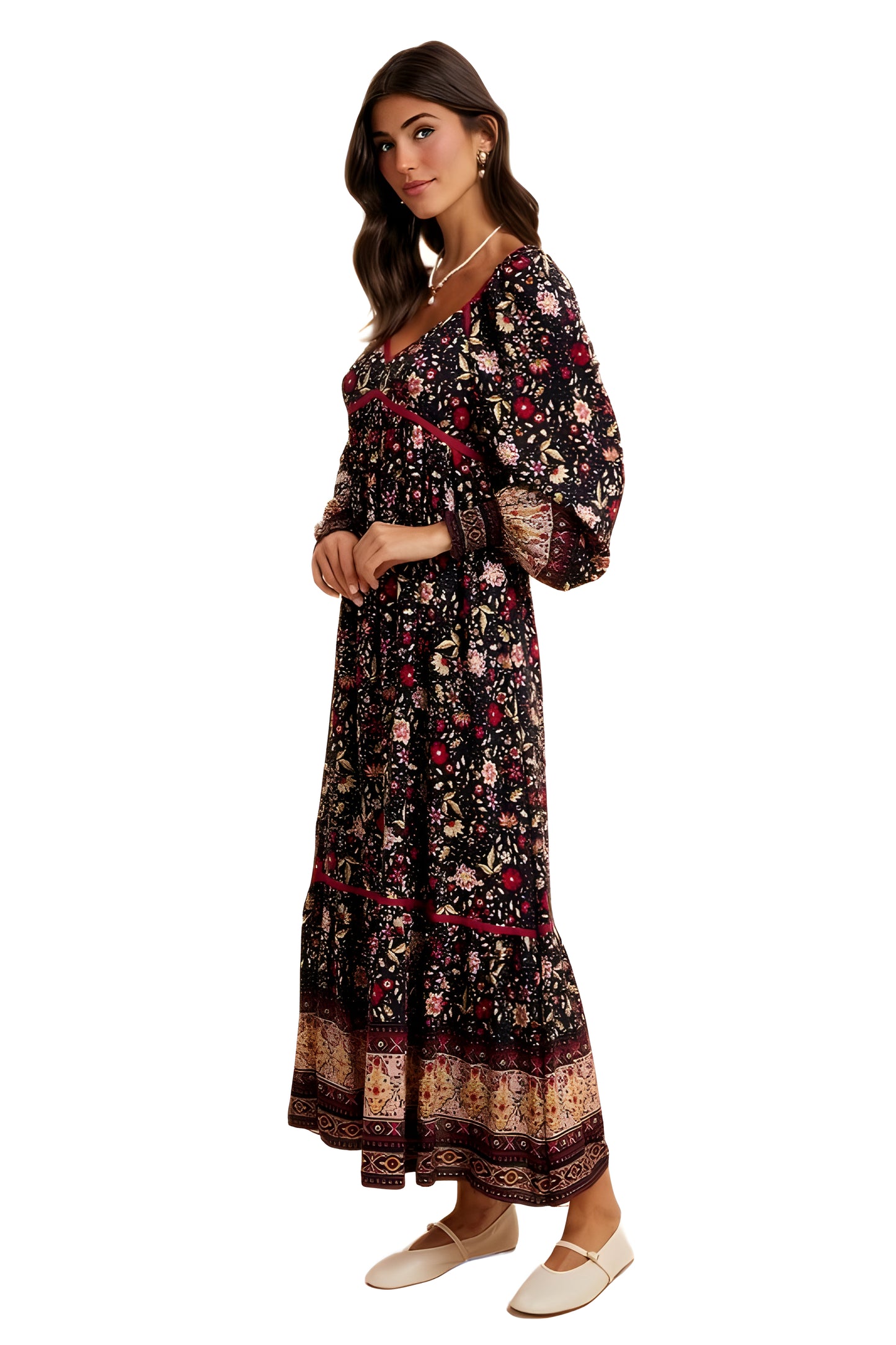 Boho Tiered Floral Print Long Sleeve Midi Dress with Lace Trim