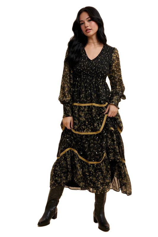 Floral Tiered Long Sleeve Midi Dress With Contrast Trim