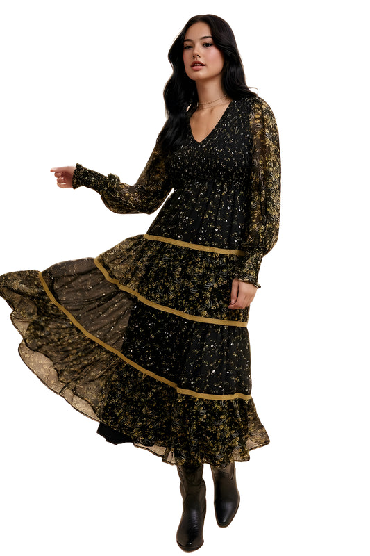 Floral Tiered Long Sleeve Midi Dress With Contrast Trim