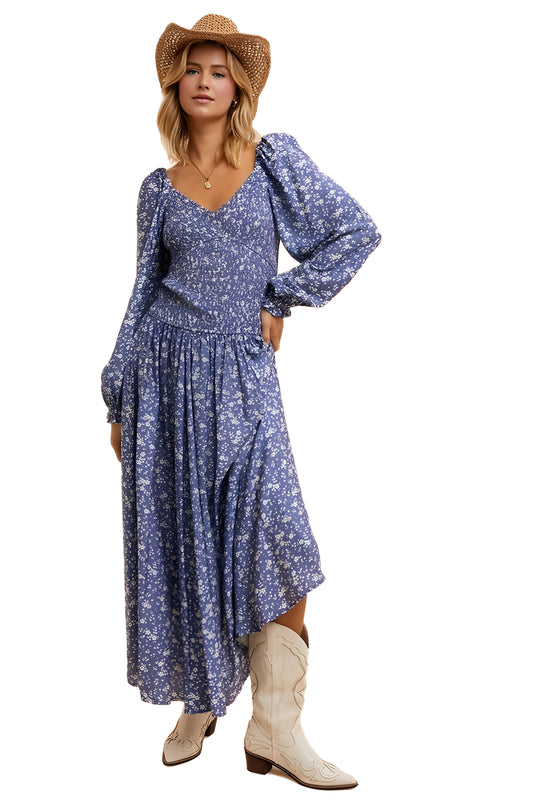 Floral Long Sleeve Midi Dress With Puff Shoulder Detail