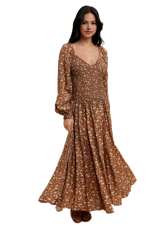 Floral Long Sleeve V-Neck Maxi Dress With Smocked Waist