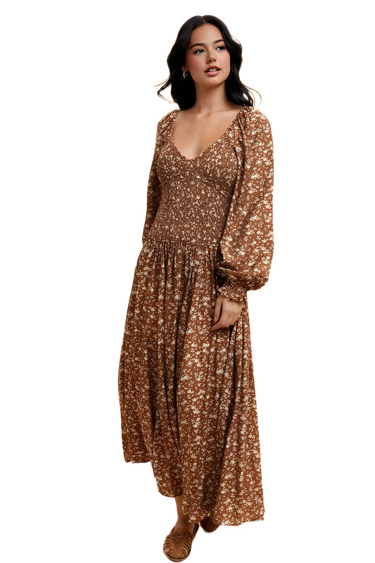 Floral Long Sleeve V-Neck Maxi Dress With Smocked Waist
