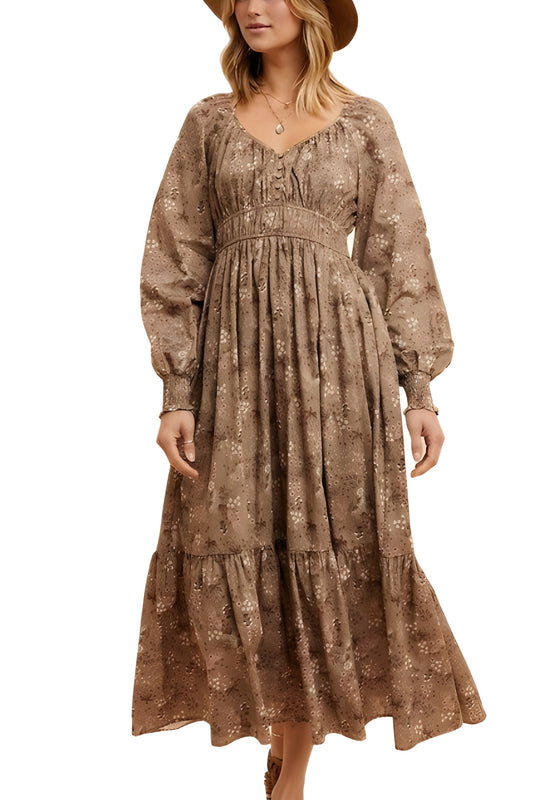 Long Sleeve Floral Print Ruffle Tiered Midi Dress with Empire Waist