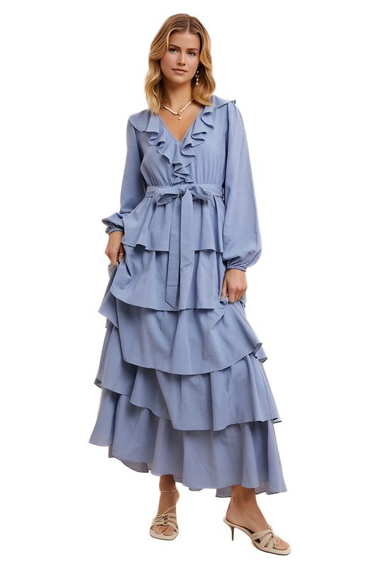 Tiered Ruffle Wrap Maxi Dress With Long Sleeves And Tie Waist