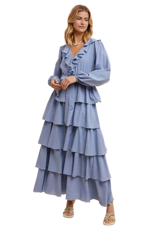 Tiered Ruffle Wrap Maxi Dress With Long Sleeves And Tie Waist