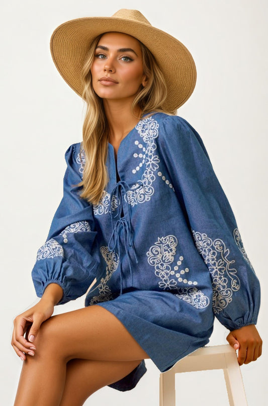 Embroidered Chambray Mini Dress with Long Sleeves
