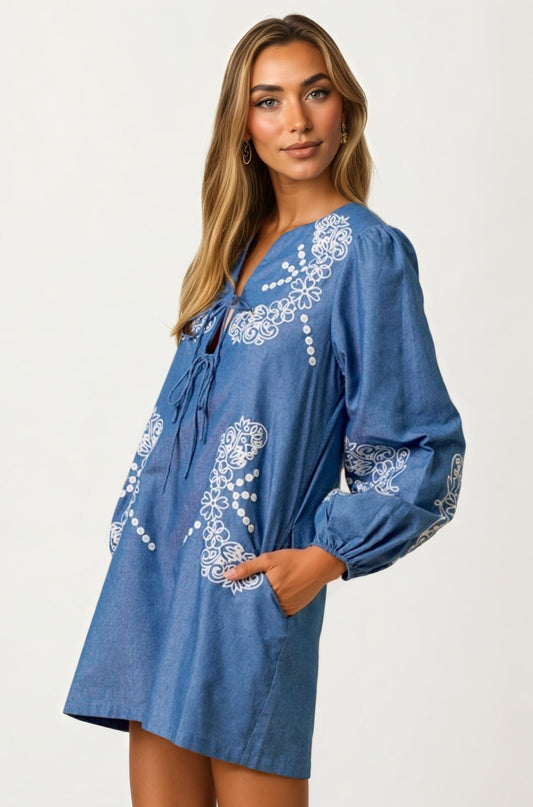 Embroidered Chambray Mini Dress with Long Sleeves