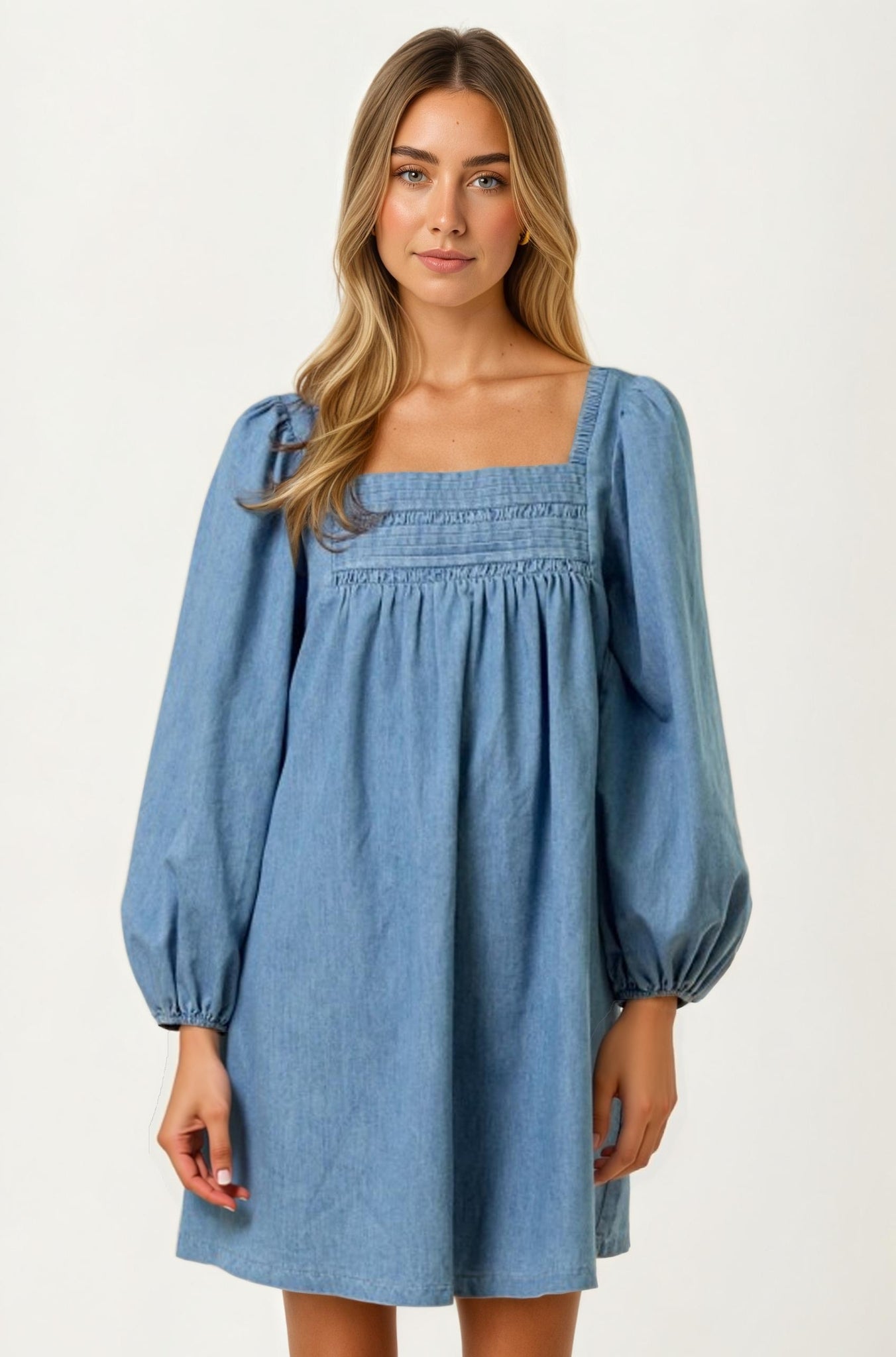 Square Neck Denim Mini Dress with Long Puff Sleeves