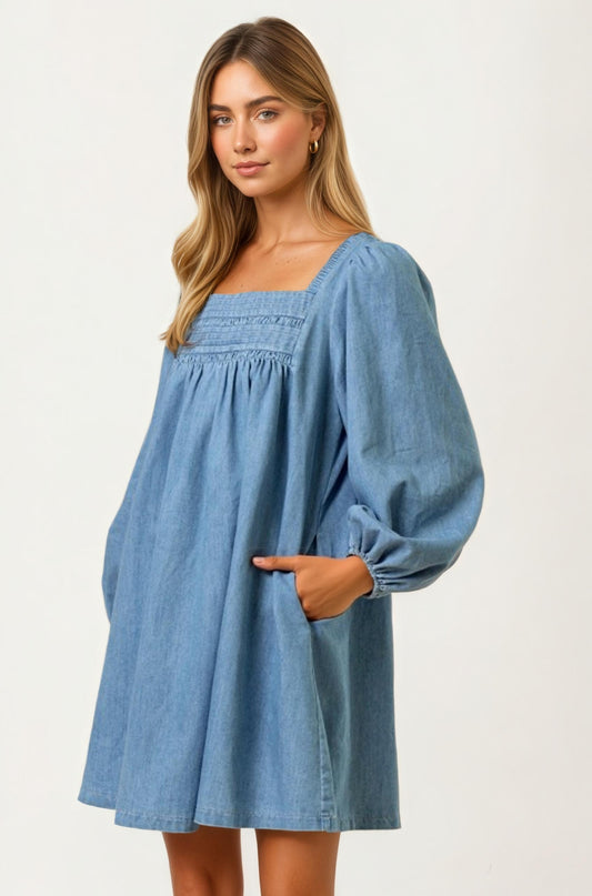 Square Neck Denim Mini Dress with Long Puff Sleeves