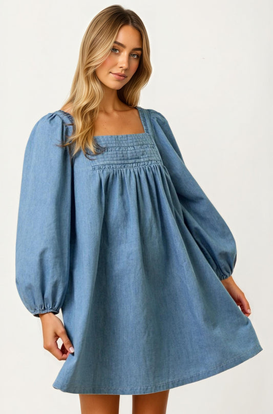 Square Neck Denim Mini Dress with Long Puff Sleeves