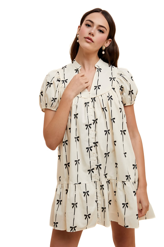 Short Sleeve Printed Mini Dress With Contrast Bow Pattern