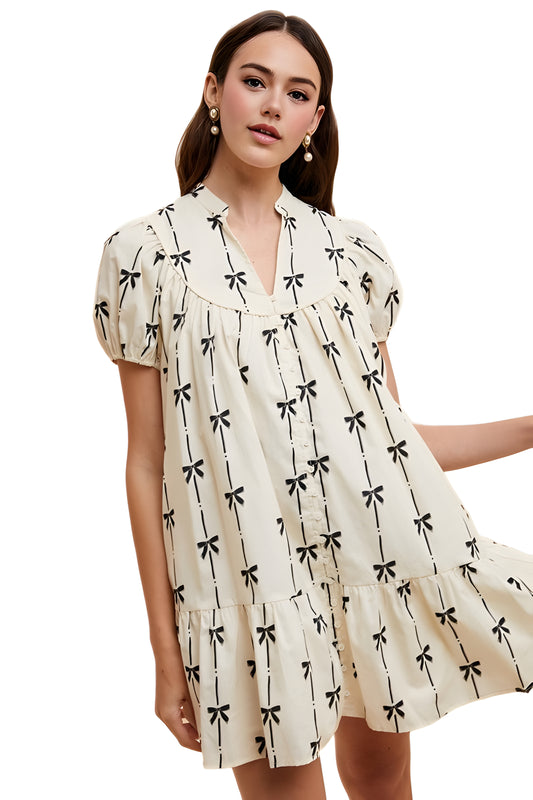 Short Sleeve Printed Mini Dress With Contrast Bow Pattern