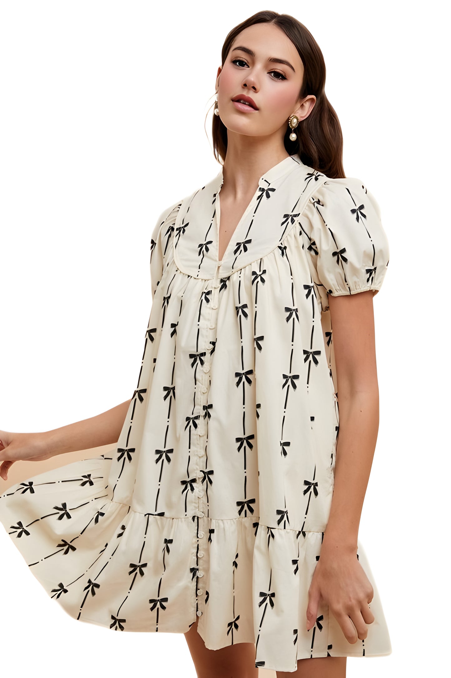 Short Sleeve Printed Mini Dress With Contrast Bow Pattern