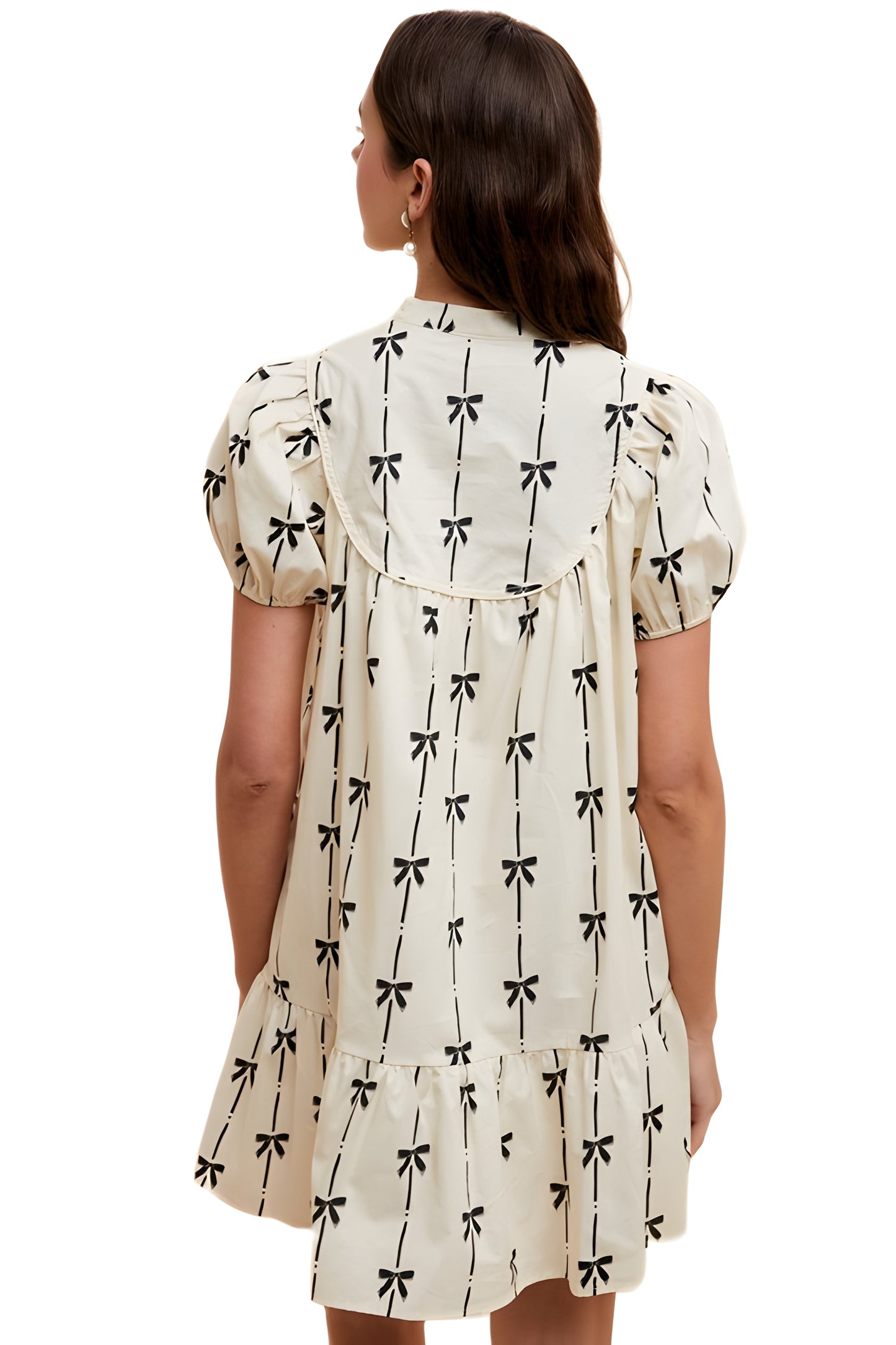 Short Sleeve Printed Mini Dress With Contrast Bow Pattern