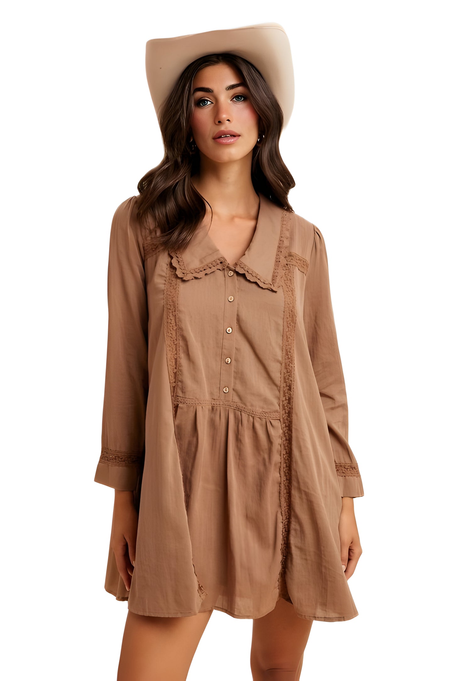 Long Sleeve Button-Front Babydoll Dress with Crochet Trim