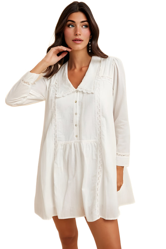 Long Sleeve Ivory Babydoll Dress with Lace Trim & Button Detail