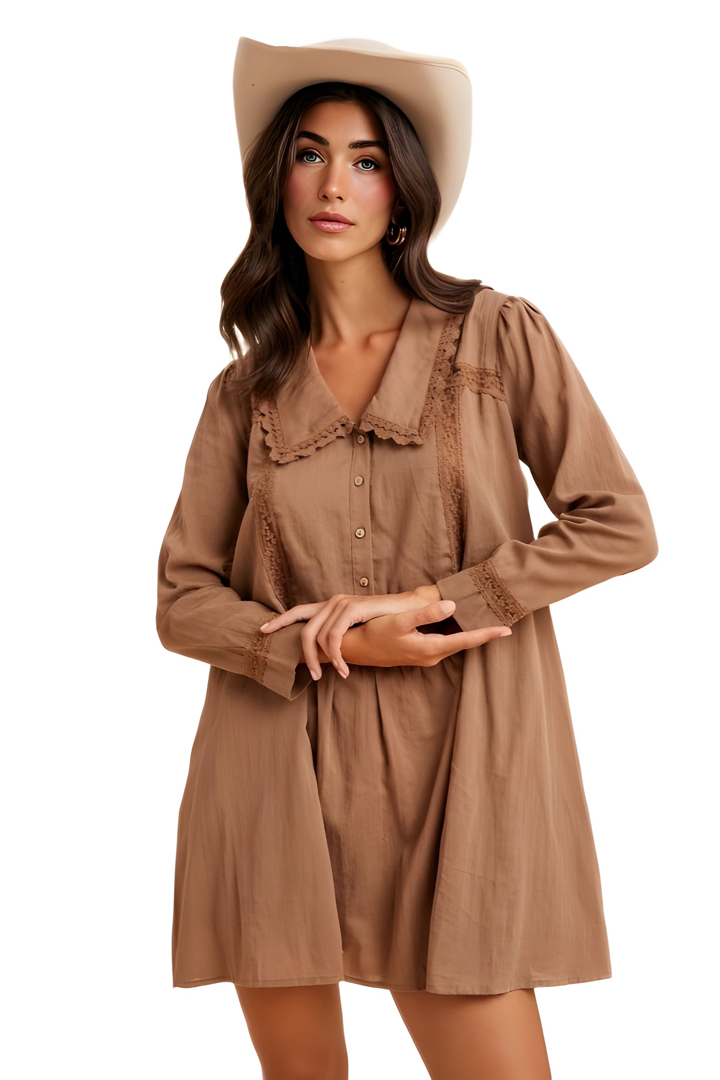 Long Sleeve Button-Front Babydoll Dress with Crochet Trim