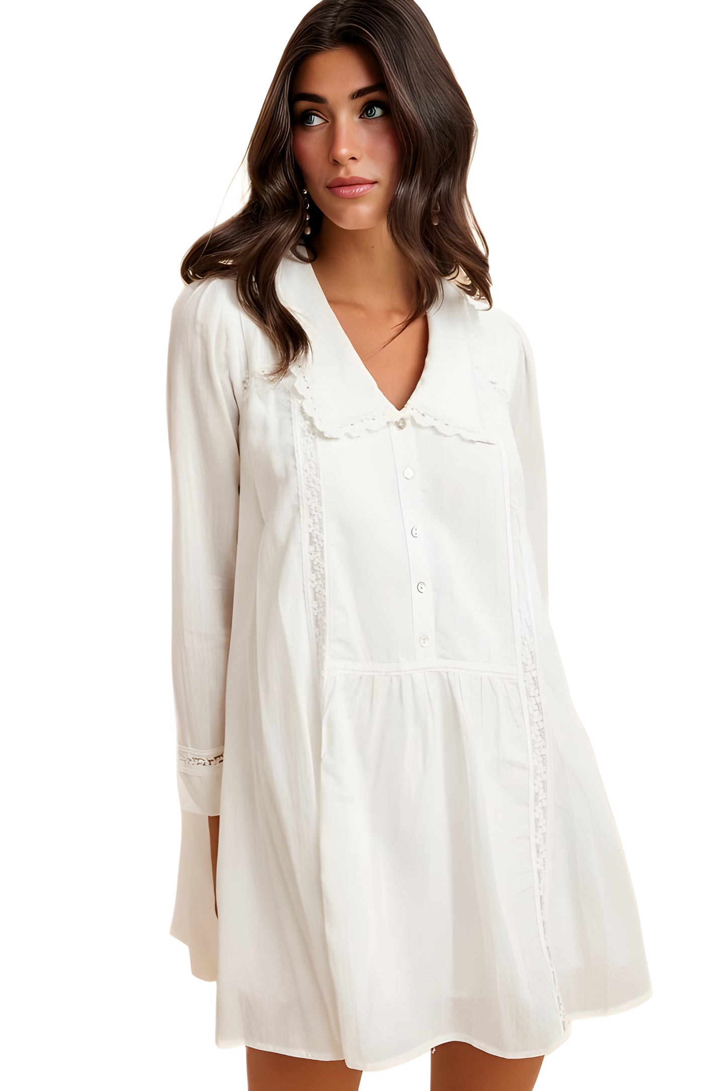 Long Sleeve Ivory Babydoll Dress with Lace Trim & Button Detail