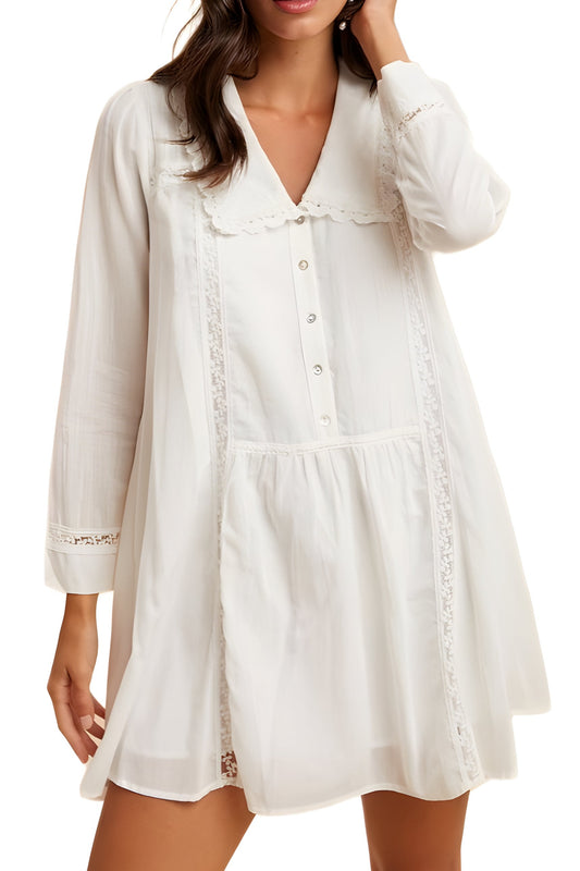 Long Sleeve Ivory Babydoll Dress with Lace Trim & Button Detail