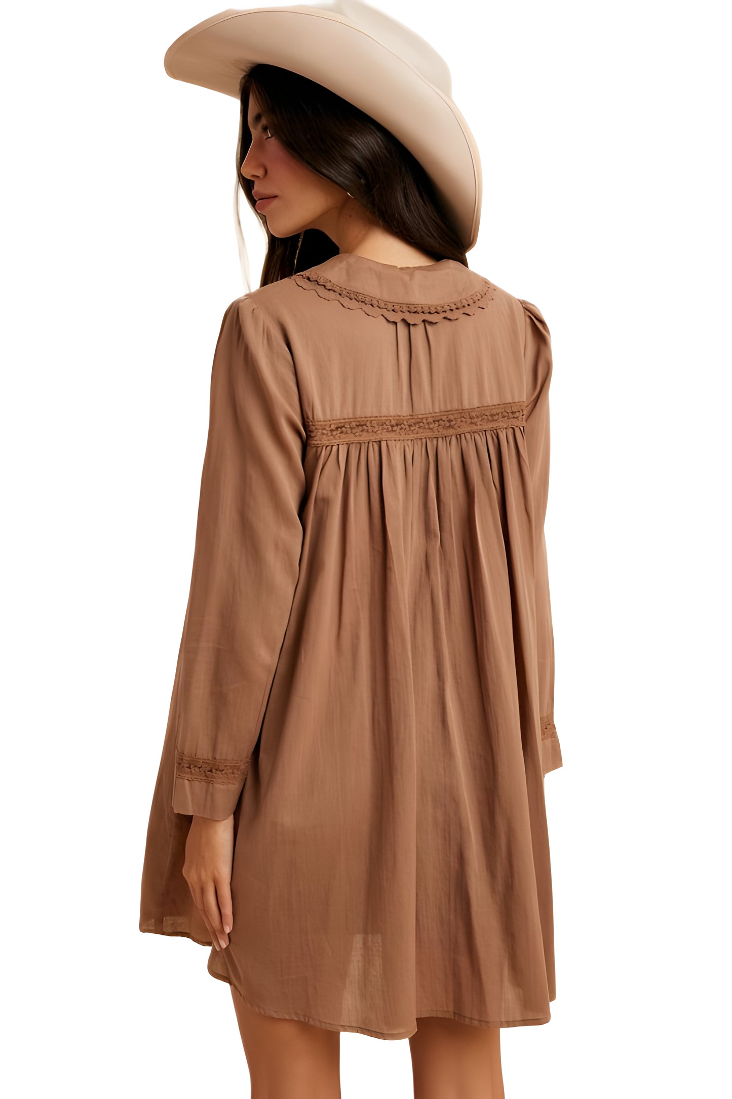 Long Sleeve Button-Front Babydoll Dress with Crochet Trim