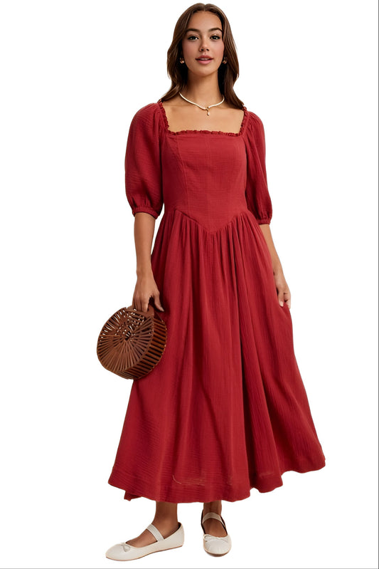 Square-Neck Puff Sleeve Midi Dress in Soft Crimson