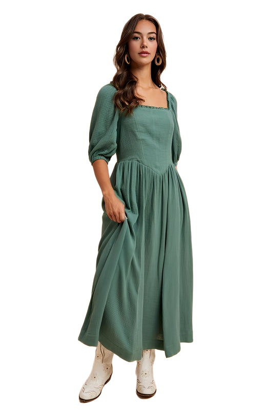 Square-Neck Puff Sleeve Midi Dress in Sage