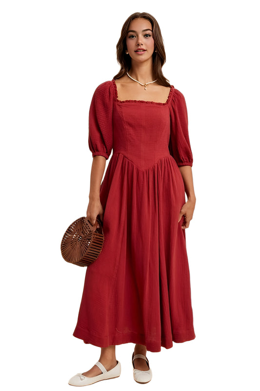 Square-Neck Puff Sleeve Midi Dress in Soft Crimson