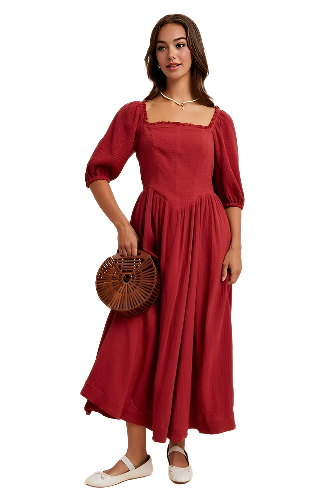 Square-Neck Puff Sleeve Midi Dress in Soft Crimson