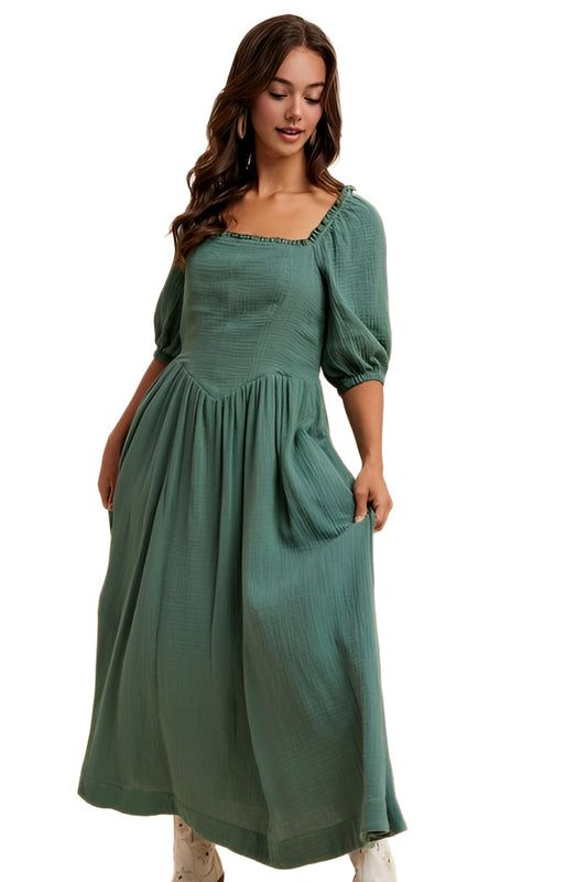 Square-Neck Puff Sleeve Midi Dress in Sage
