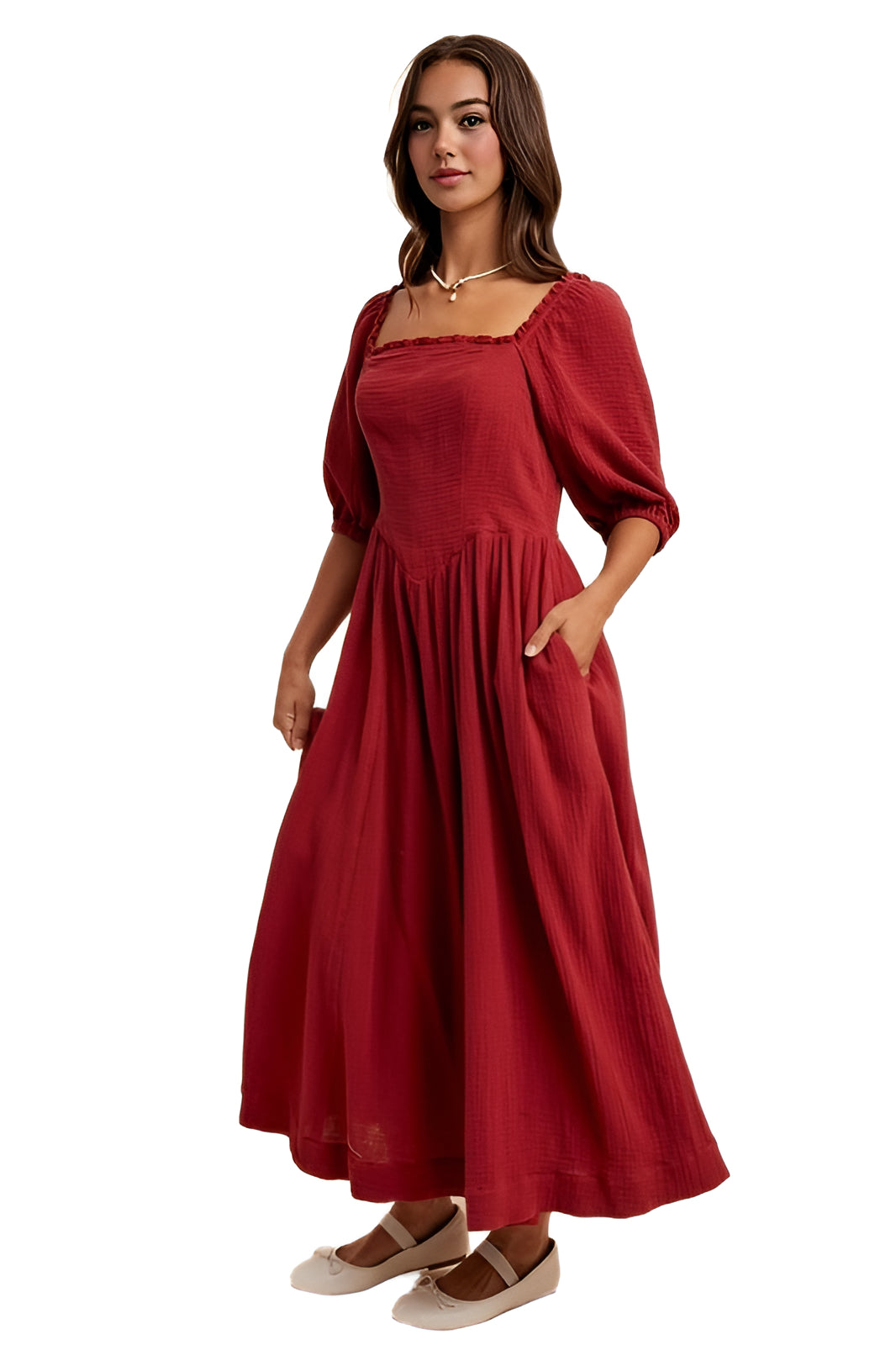 Square-Neck Puff Sleeve Midi Dress in Soft Crimson