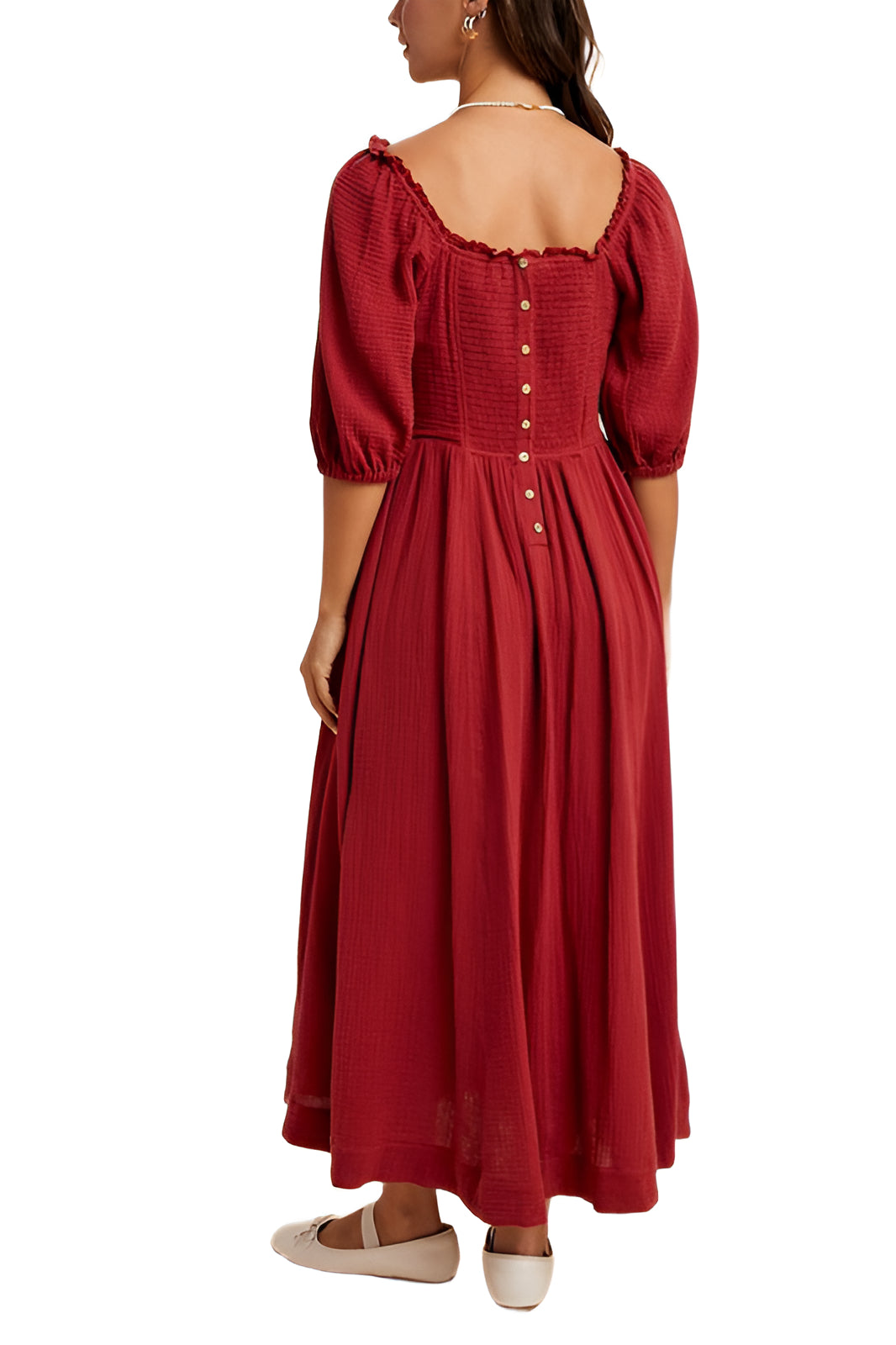 Square-Neck Puff Sleeve Midi Dress in Soft Crimson