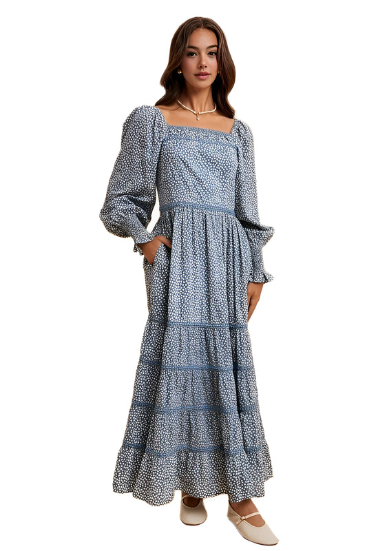 Blue Long-Sleeve Tiered Maxi Dress with Square Neck