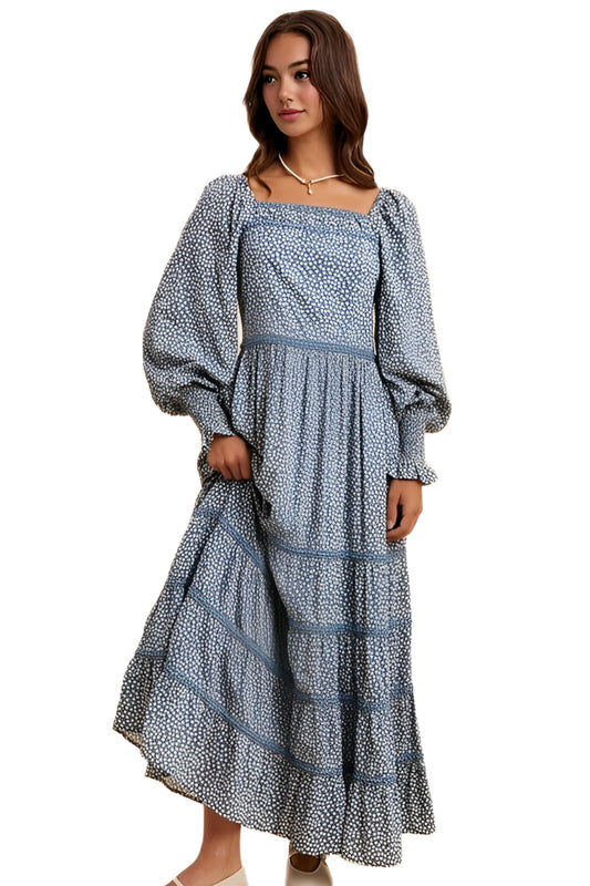 Blue Long-Sleeve Tiered Maxi Dress with Square Neck